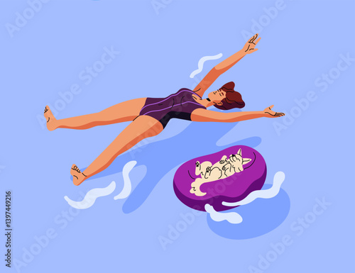 Woman is floating on her back, lying on water and sunbathing with cute dog in summer. Owner and puppy are swimming in pool together. Girl and pup on sea top view. Flat isolated vector illustration.