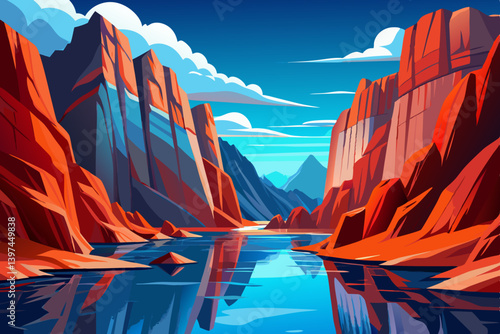 fjord landscape with red cliffs and deep blue waters, towering red granite cliffs reflecting into crystal clear blue water