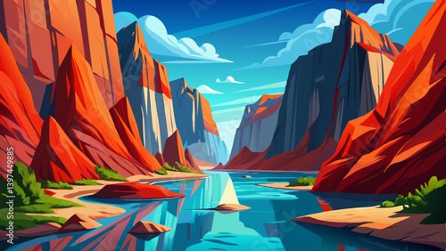 fjord landscape with red cliffs and deep blue waters, towering red granite cliffs reflecting into crystal clear blue water