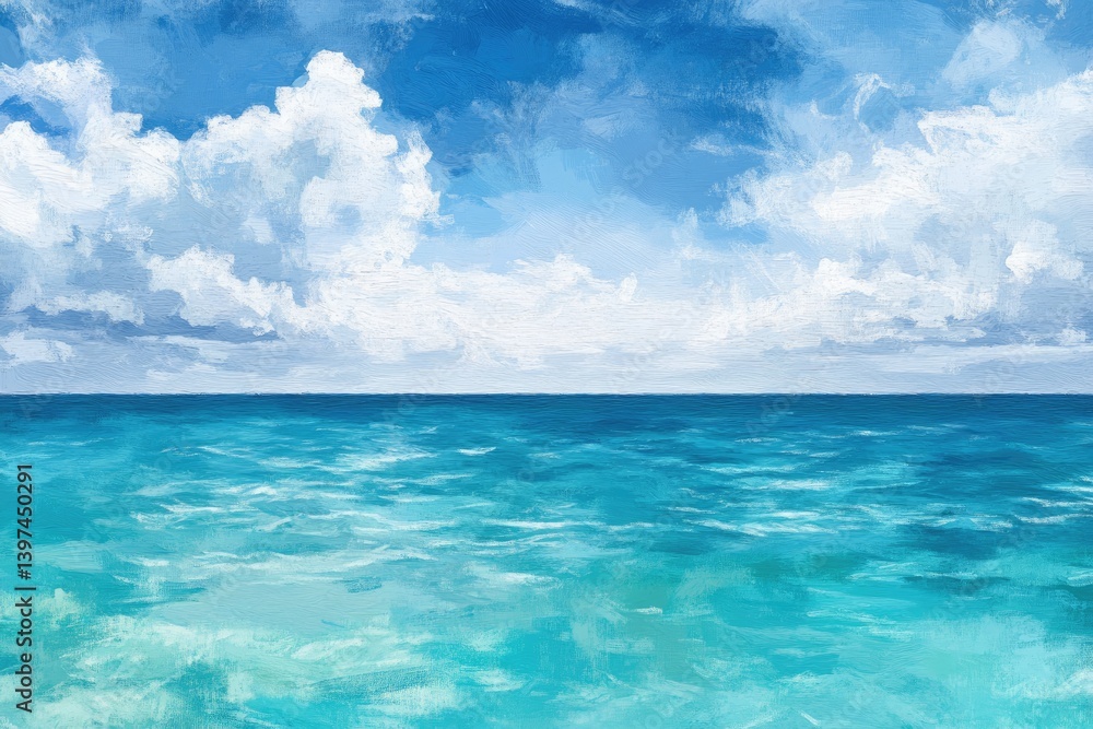Tranquil azure sea under a vast sky of puffy clouds. Tranquil azure sea under a vast sky of puffy clouds.
