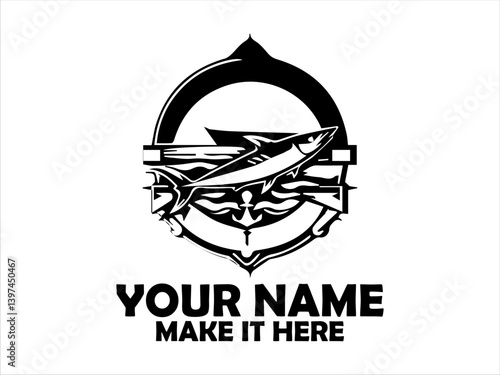 Detailed emblem featuring a frigate tuna fish, flanked by nautical and naval elements like wings, anchors, marine concept, tuna fish vector design and illustration tuna fish logo