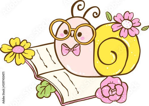 Cute Spring Snail Reading Book Cartoon Hand Drawn
