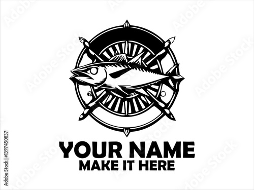 Detailed emblem featuring a frigate tuna fish, flanked by nautical and naval elements like wings, anchors, marine concept, tuna fish vector design and illustration tuna fish logo