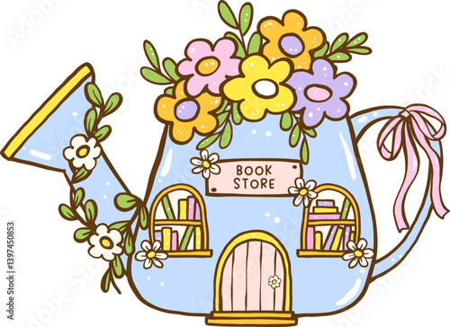 Cute Spring Bookish book store Watering Can Shape Cartoon Hand Drawn
