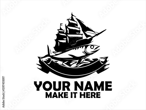 Detailed emblem featuring a frigate tuna fish, flanked by nautical and naval elements like wings, anchors, marine concept, tuna fish vector design and illustration tuna fish logo