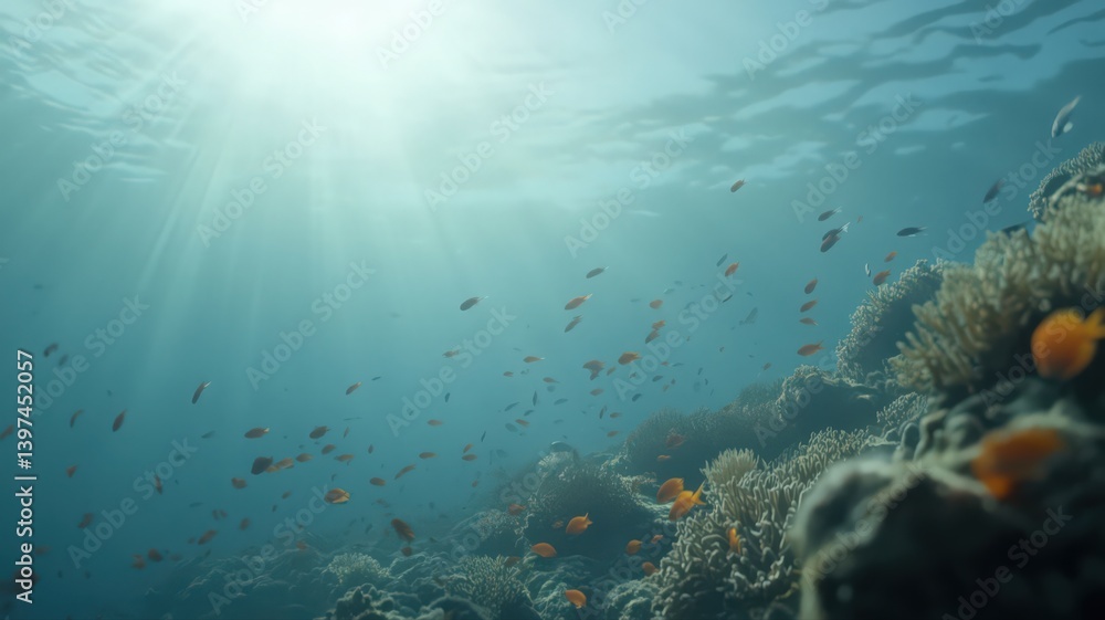 Naklejka premium Underwater Coral Reef with Orange Fish and Sunbeams