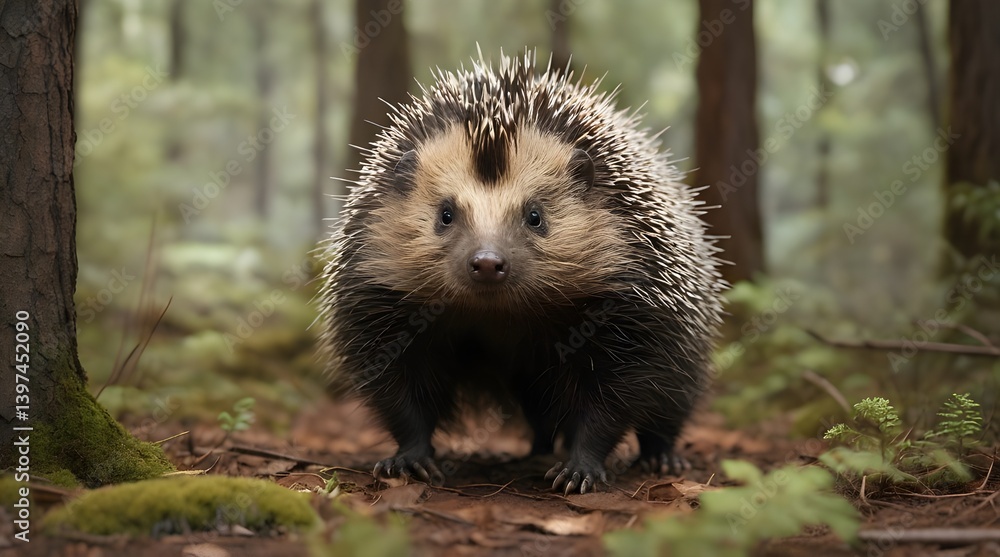 Fototapeta premium A porcupine creeps along the forest floor, its needles.generative.ai