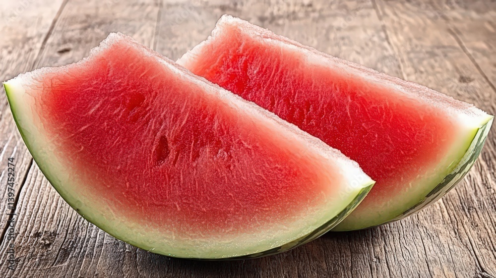 Two Slices of Vibrant Red Watermelon on Rustic Wood Grain Background for Summer Food Still Life Close Up Two Slices of Vibrant Red Watermelon on Rustic Wood Grain Background for Summer Food Still Life Close Up