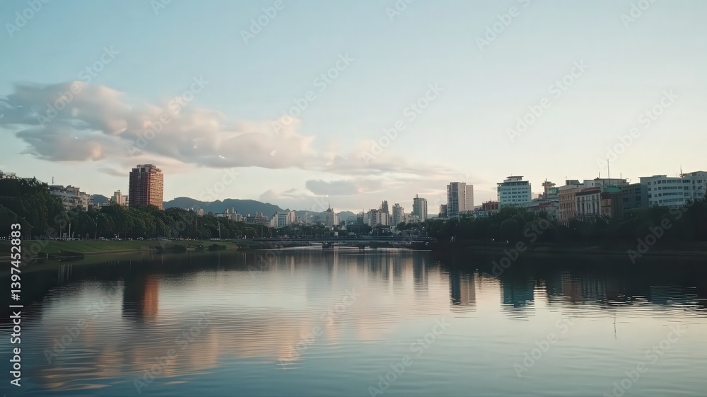 Fototapeta premium Urban Skyline Reflecting in Calm Lake Under Blue Sky Featuring Modern Architecture and Lush Green Trees Along the Waterfront in Daytime