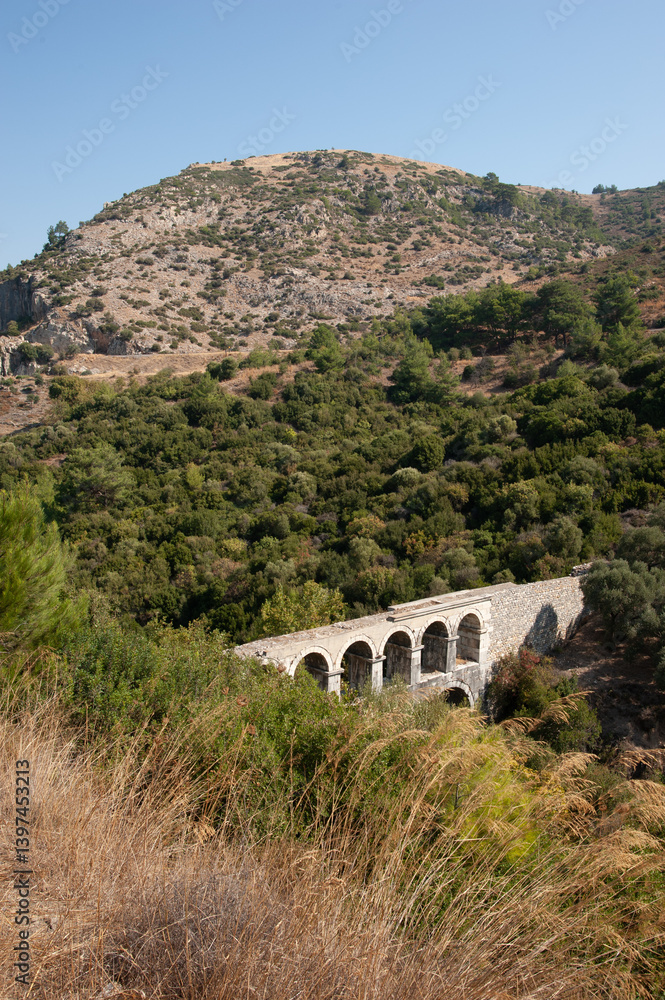 Ancient Stone Aqueduct in a Rural Hillside