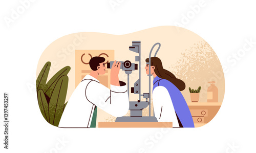 Ophthalmologist examines patient with equipment. Doctor oculist does medical checkup by machine. Medic checks, tests vision of woman at treatment. Flat isolated vector illustration on white background