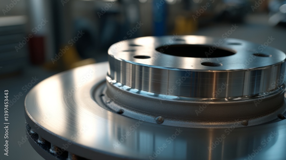 A sleek metal brake disc with precision detailing catches the light, embodying strength and modern engineering.