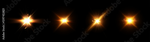 Set of golden glowing light bursts with star-shaped flashes on dark background. Vector for magic effects, energy blasts, overlays and illustrations.