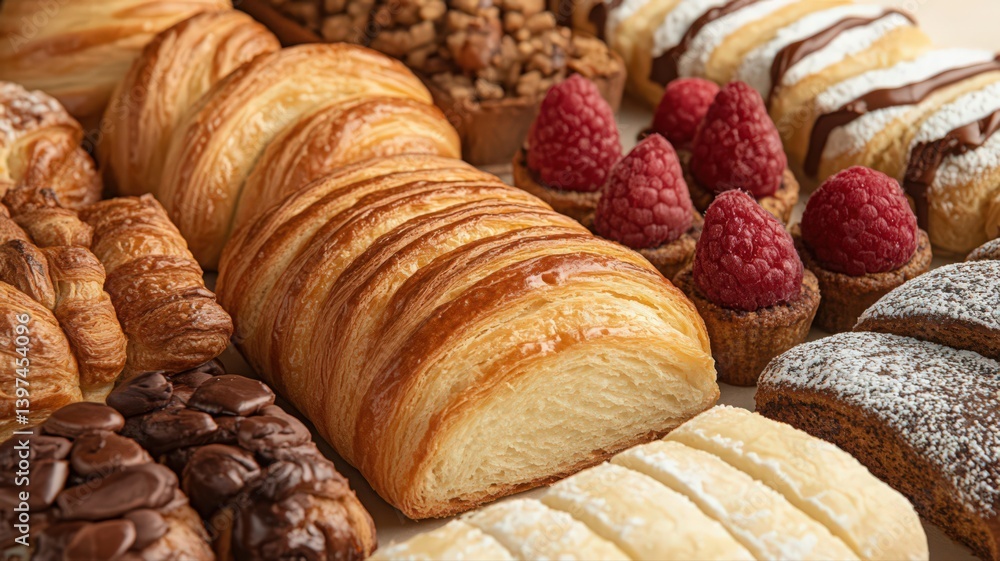 Variety of Golden Pastries and Raspberry Tarts Assortment on Cream Background with Chocolate Covered Sweets at Eye Level