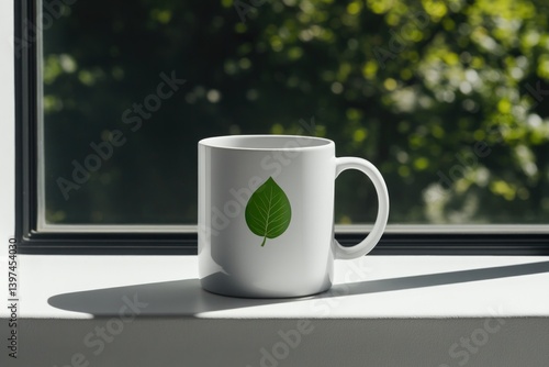 Wallpaper Mural Minimalist mug featuring green leaf design, placed on window sil Torontodigital.ca