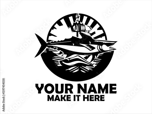 Detailed emblem featuring a frigate tuna fish, flanked by nautical and naval elements like wings, anchors, marine concept, tuna fish vector design and illustration tuna fish logo