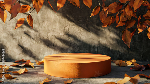Round orange concrete podium in the center and shadows of autumn leaves. AI generated images.