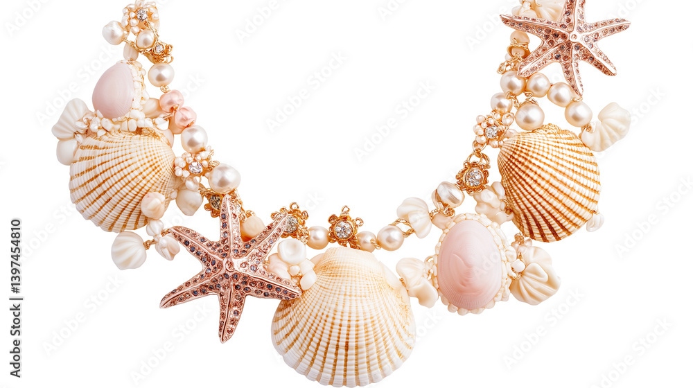 Obraz premium Shell necklace with summer charms, cinematic lighting, professional photography style, white background, PNG 