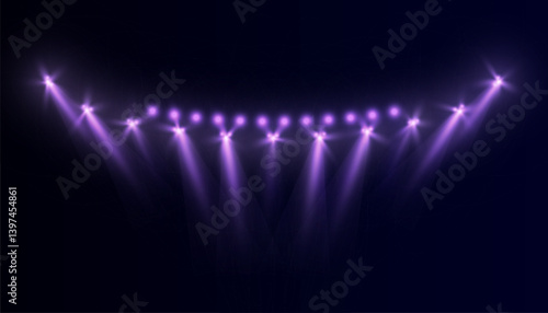 Row of violet stage spotlights with glowing beams and soft haze on dark background. Perfect for concert visuals, theater scenes, party graphics, or entertainment design overlays.