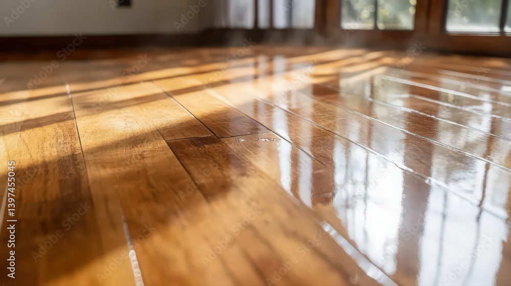 Varnished Wooden Floor Reflecting Sunlight Clean Home Interior Smooth and Glossy Parquet Design Background