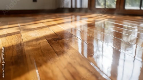 Varnished Wooden Floor Reflecting Sunlight Clean Home Interior Smooth and Glossy Parquet Design Background
