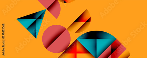Abstract geometric composition. Shapes overlap, creating vibrant color gradients. Orange background emphasizes layered triangles, circles, segments. Modern design, dynamic visual elements.