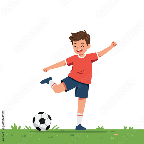 A joyful young boy in a red shirt plays soccer on green grass in a flat vector illustration