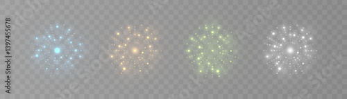 Set of glowing colorful light bursts with soft sparkles on transparent background. Includes blue, orange, green, and white flares for magic effects, UI design, or festive highlights.

