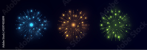 Set of glowing abstract light bursts in blue, orange, and green with scattered particles on dark background. Perfect for festive designs, UI effects, energy visuals, or motion graphics.

