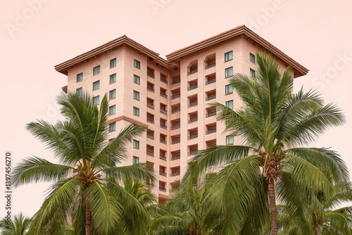 Pink multistory hotel with tropical palm trees outside in sunshine and blue sky captured as a wide angle resort building in high quality 4k render