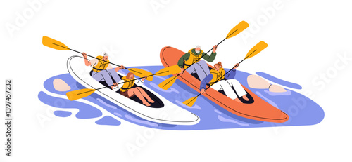 Elderly parents, adult kids are rafting, floating on boat. People are kayaking, rowing with paddle on river. Family does extreme sport together. Flat isolated vector illustration on white background.