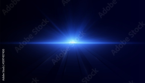 Bright horizontal blue light explodes with glowing rays and reflections on dark background. Vector for sci-fi visual effects, tech design, UI overlays or cinematic light transitions.