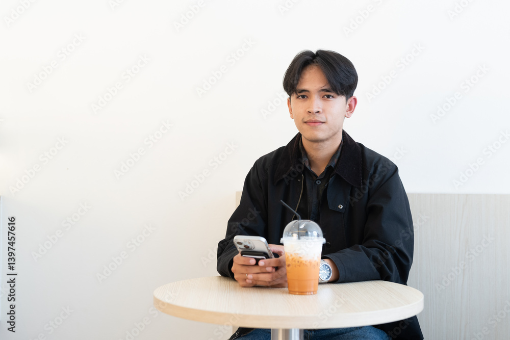Young Asian man sitting in coffee shop relaxing iced Thai tea Young Asian man sitting in coffee shop relaxing iced Thai tea