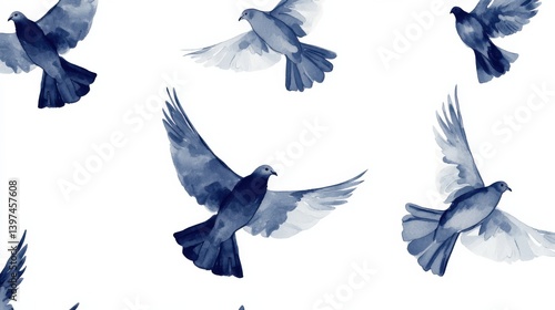 Flying pigeons. Flock (flight) of birds. Free birds isolated on a white background