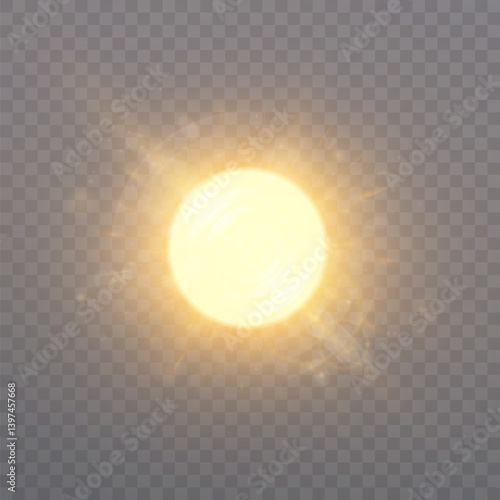 Bright glowing golden sphere with light rays and sparkles on transparent background. Ideal for sunlight effects, energy visuals, magical objects, or UI highlight overlays.

