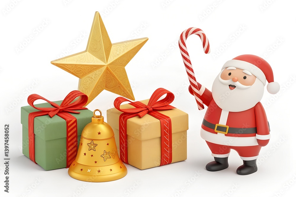 3D collection of holiday items like wrapped gifts, golden star, red bow, Christmas bell, and a waving Santa holding candy canes, isolated on white. 3D collection of holiday items like wrapped gifts, golden star, red bow, Christmas bell, and a waving Santa holding candy canes, isolated on white.