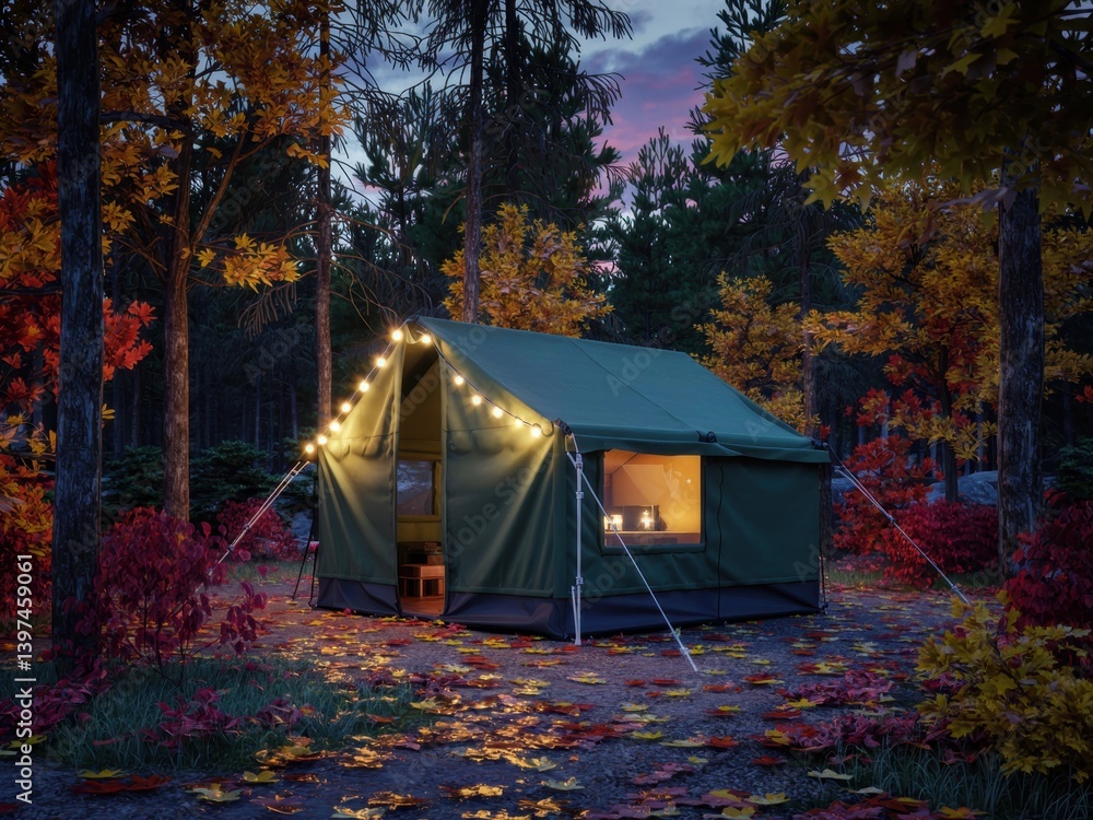 Experience cozy living under a canvas tent in a tranquil forest during autumn twilight hours Experience cozy living under a canvas tent in a tranquil forest during autumn twilight hours