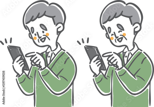 スマホを操作するシニア男性　上半身　ベクター