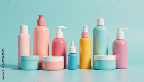 Assortment of cosmetic bottles and containers, luxury, arrangement