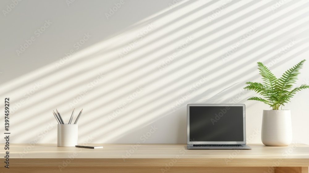 Fototapeta premium Minimalistic workspace with laptop, plant, and pencils on wooden desk with sunlight creating shadow patterns.
