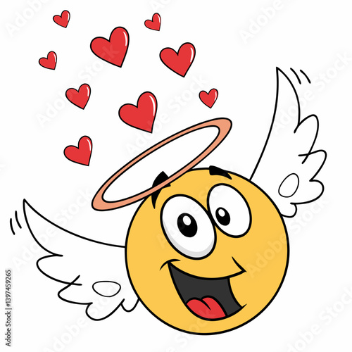 Happy emoji with angel wings and a halo of hearts