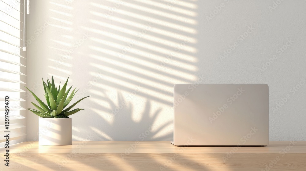 Fototapeta premium Minimalistic workspace with sunlight through blinds, featuring a potted plant and a closed laptop.