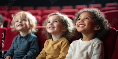 Happy diverse kids enjoying the movie in a theater with red seats, looking up at the sky, smiles on faces
