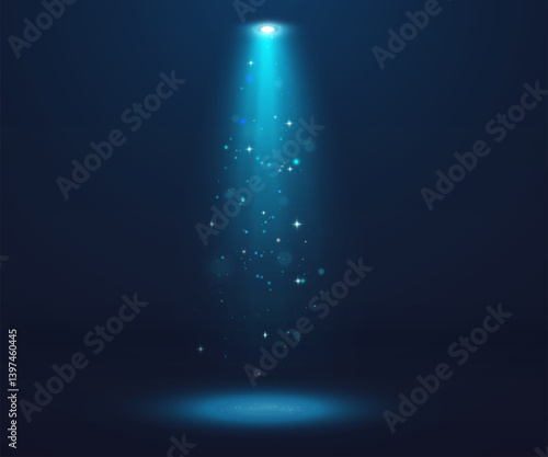 Magical blue spotlight beam with glowing sparkles and soft particles in a dark space. Perfect for fantasy scenes, stage effects, or mystical illumination in digital art.

