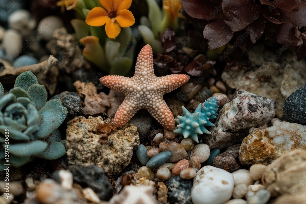 A Delicate Starfish Resting Amongst Succulents and Various Colorful Sea Pebbles