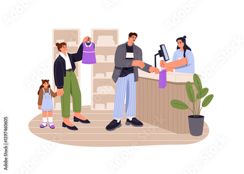 People stand in line, wait in queue in clothes shop. Customer buys, makes purchases in retail store. Seller on the counter services buyers. Flat isolated vector illustration on white background.
