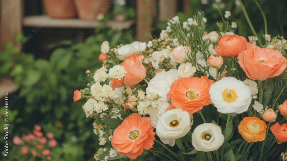 Vibrant Bouquet with Orange Ranunculus and White Blossoms in Natural Light with Greenery Background Detailed Still Life