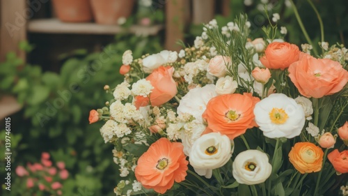 Obraz na płótnie Vibrant Bouquet with Orange Ranunculus and White Blossoms in Natural Light with Greenery Background Detailed Still Life w salonie