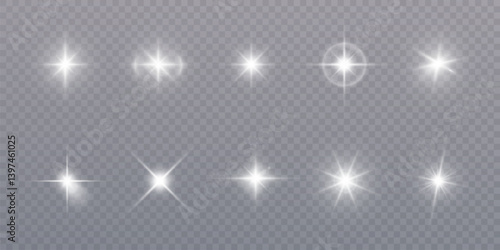 Set of white glowing star effects with different sparkle shapes on transparent background. Ideal for highlights, photo overlays, UI decoration, beauty design, or festive visuals.

