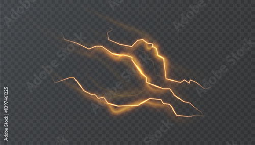 Glowing golden lightning bolt with electric energy effect on transparent background. Ideal for magic attacks, sci-fi visuals, power effects, or digital animation overlays.

